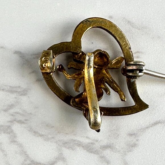 Antique 800 Silver Watch Pin, Fairy in Heart Brooch, Art Nouveau Figural Pin - Picture 2 of 5